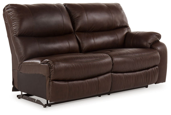 This right-arm facing power reclining loveseat is made with a combination of 100% top grain leather and faux leather upholstery. Pairs with other items in the series to make a sectional.<br><br><b>Additional Dimensions</b><br><ul><li>Arm height: 27-"</li>