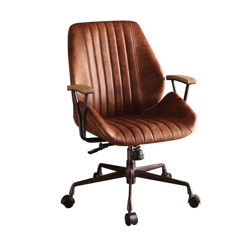 Add an edgy industrial style to your home office with the Hamilton office chair. This swivel and adjustable chair has a brown colored top grain leather upholstery with cushioned long stitched stripes on the seat and back. The five-star base with casters a