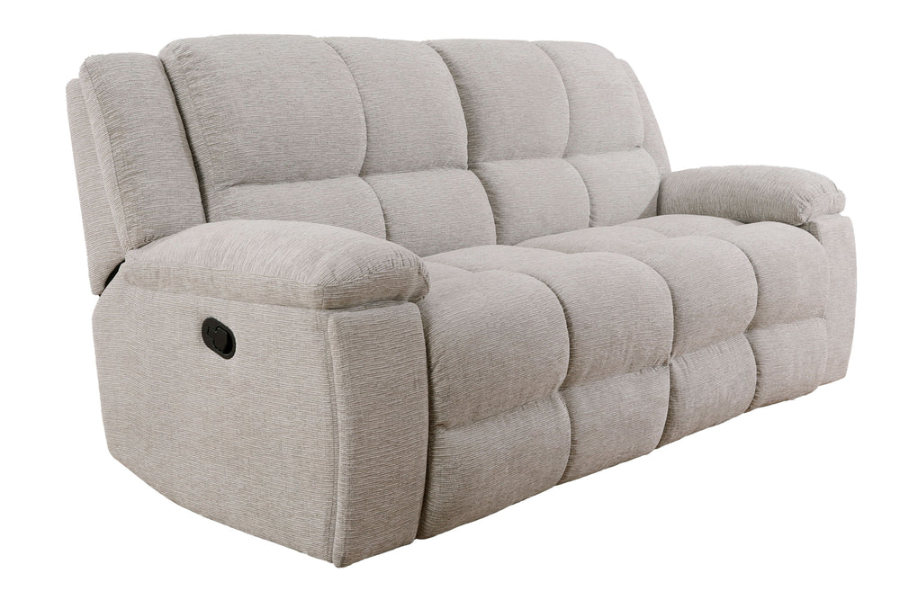 Big and cozy, but make it fancy! The Buster Sofa, Loveseat & Recliner does just that. Two one-and-a-half-sized seats with exaggeratedly large plush cushions and dual manual reclining mechanisms create oversized lounging space that just beckon you to take 