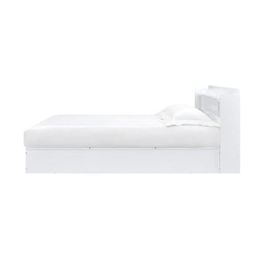  and functional are what best describe the Perse collection. The crisp white finish gives off the illusion of a bigger room. The low-profile panel bed features a storage headboard to display various goods. The case goods offer plenty of stor