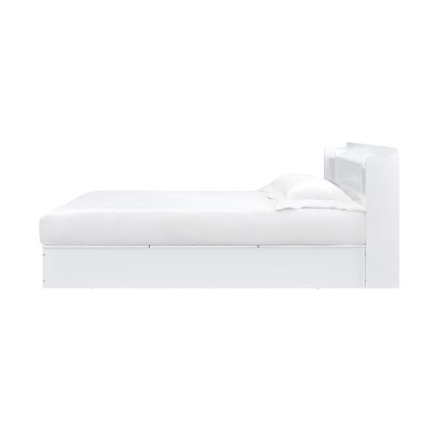  and functional are what best describe the Perse collection. The crisp white finish gives off the illusion of a bigger room. The low-profile panel bed features a storage headboard to display various goods. The case goods offer plenty of stor