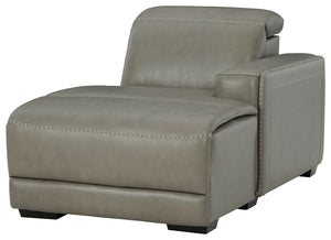 This right-arm facing power reclining back chaise is made with a combination of 100% top grain leather and faux leather upholstery. Pairs with other items in the series to make a sectional.<br><br><b>Additional Dimensions</b><br><ul><li>Seat width: 27.5-"