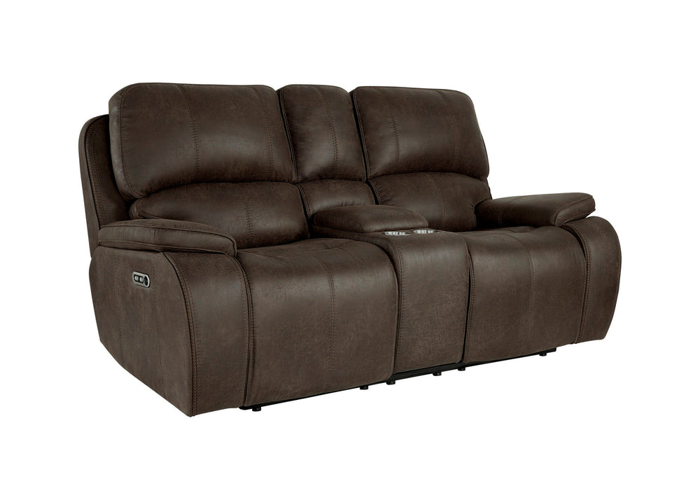 Immerse yourself in unparalleled comfort with the Brookings Dual Recliner Console Loveseat with Power Headrest and Footrest in rustic brown. Upholstered in a leather-look polyester/pu fabric, this loveseat exudes the elegance of real leather without the p