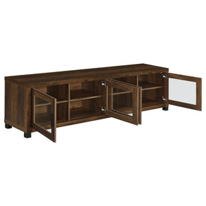  while the glass-paneled cabinet doors add a refined touch. Adjustable shelves provide ample space for me