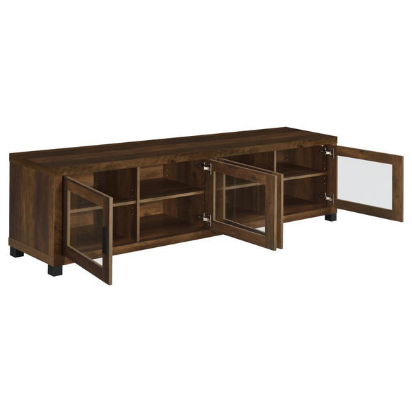  while the glass-paneled cabinet doors add a refined touch. Adjustable shelves provide ample space for me