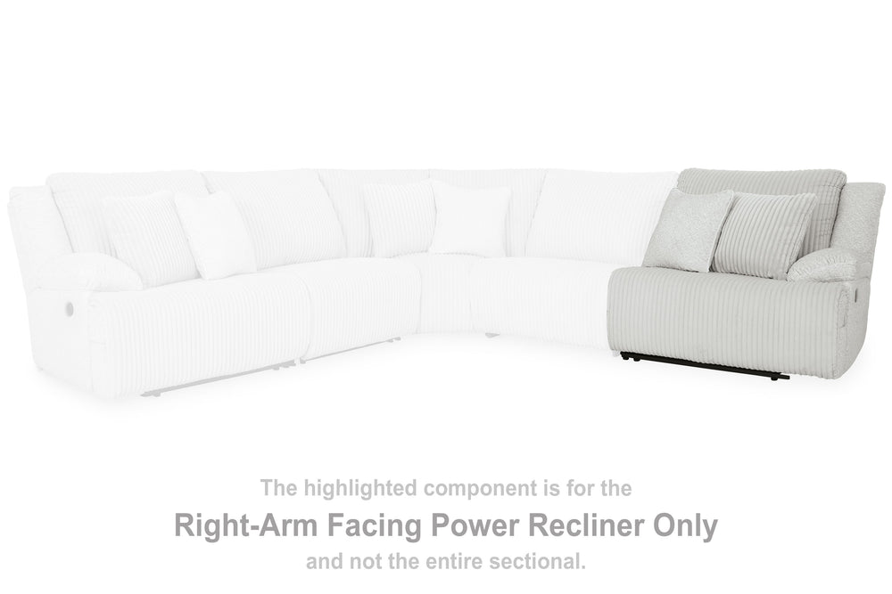This right-arm facing power recliner is made with polyester upholstery. Pairs with other items in the series to make a sectional.<br><br><b>Additional Dimensions</b><br><ul><li>Arm height: 26-"</li><li>Seat depth: 23-"</li><li>Seat height: 20-"</li><li>Fu