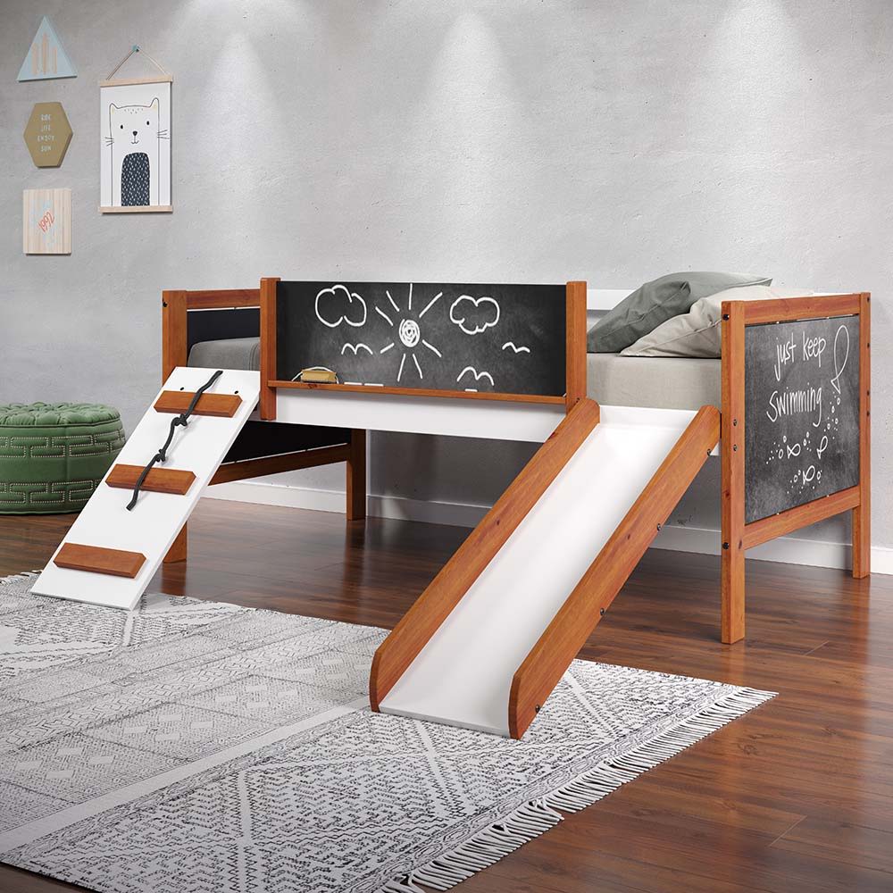 Let your little one-'s imagination run wild with the Aurea loft bed. Finished in a gender-neutral color palette of walnut and white. The bed features a creative way to climb in and out of bed with the built-in slide. Say goodbye to scribbled walls, the be
