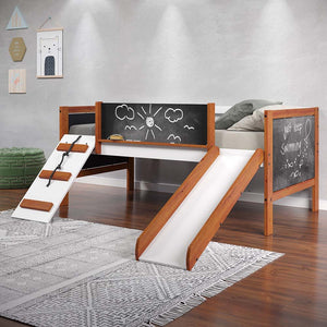 Let your little one-'s imagination run wild with the Aurea loft bed. Finished in a gender-neutral color palette of walnut and white. The bed features a creative way to climb in and out of bed with the built-in slide. Say goodbye to scribbled walls, the be