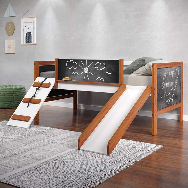 Let your little one-'s imagination run wild with the Aurea loft bed. Finished in a gender-neutral color palette of walnut and white. The bed features a creative way to climb in and out of bed with the built-in slide. Say goodbye to scribbled walls, the be