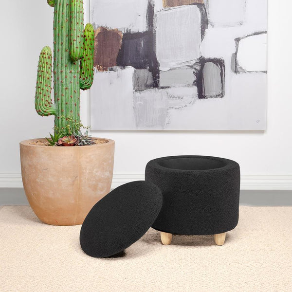  this round storage ottoman is a stylish statement of comfort and practicality. Upholstered in a soft faux sheepskin
