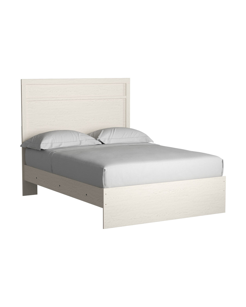 With its clean-lined look and modern attitude, this full panel bed is a fresh style awakening. Crisp, white hue over subtle replicated wood grain easily complements other furniture finishes. Simple, unadorned profile is given depth and dimension with the 