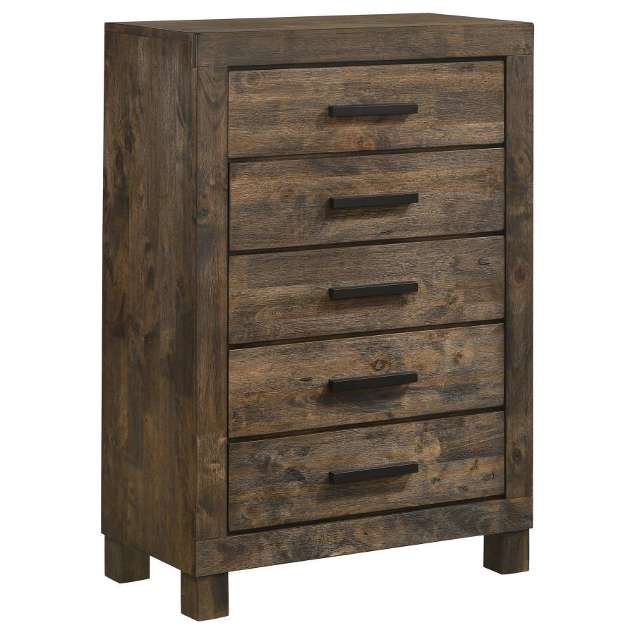 Organize your personal space with a hint of rustic style. This five-drawer chest boasts a solid silhouette that exudes rugged, masculine appeal. The slide-out drawers make it easy to keep your space looking neat and put together. The drawers are topped wi
