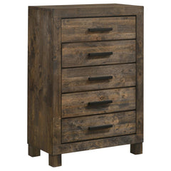 Organize your personal space with a hint of rustic style. This five-drawer chest boasts a solid silhouette that exudes rugged, masculine appeal. The slide-out drawers make it easy to keep your space looking neat and put together. The drawers are topped wi