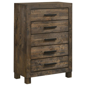 Organize your personal space with a hint of rustic style. This five-drawer chest boasts a solid silhouette that exudes rugged, masculine appeal. The slide-out drawers make it easy to keep your space looking neat and put together. The drawers are topped wi