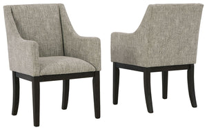  this simply stunning host chair offers a high-design look at a down-to-earth price. Ultra sleek lines are accentuated with a dark waxy brown oak-tone finish thatâ€™s so easy on the eyes. Suitably upholstered in a tweed-like neutral fabr