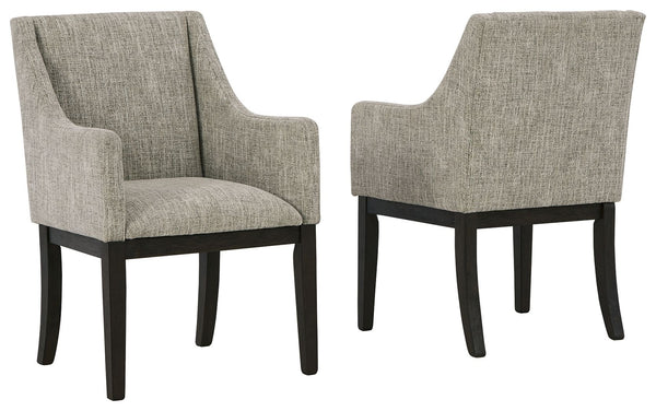  this simply stunning host chair offers a high-design look at a down-to-earth price. Ultra sleek lines are accentuated with a dark waxy brown oak-tone finish thatâ€™s so easy on the eyes. Suitably upholstered in a tweed-like neutral fabr