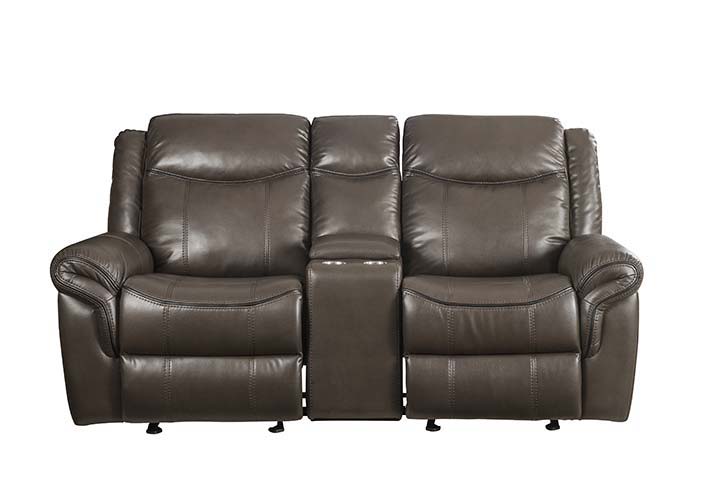 Cuddle up in this decadently plush Lydia sofa set. The set is upholstered in a warm and earthy brown leather-aire. Distinctive elements include wraparound padded armrests, along with a few hidden surprises. The richly styled reclining sofa features a drop