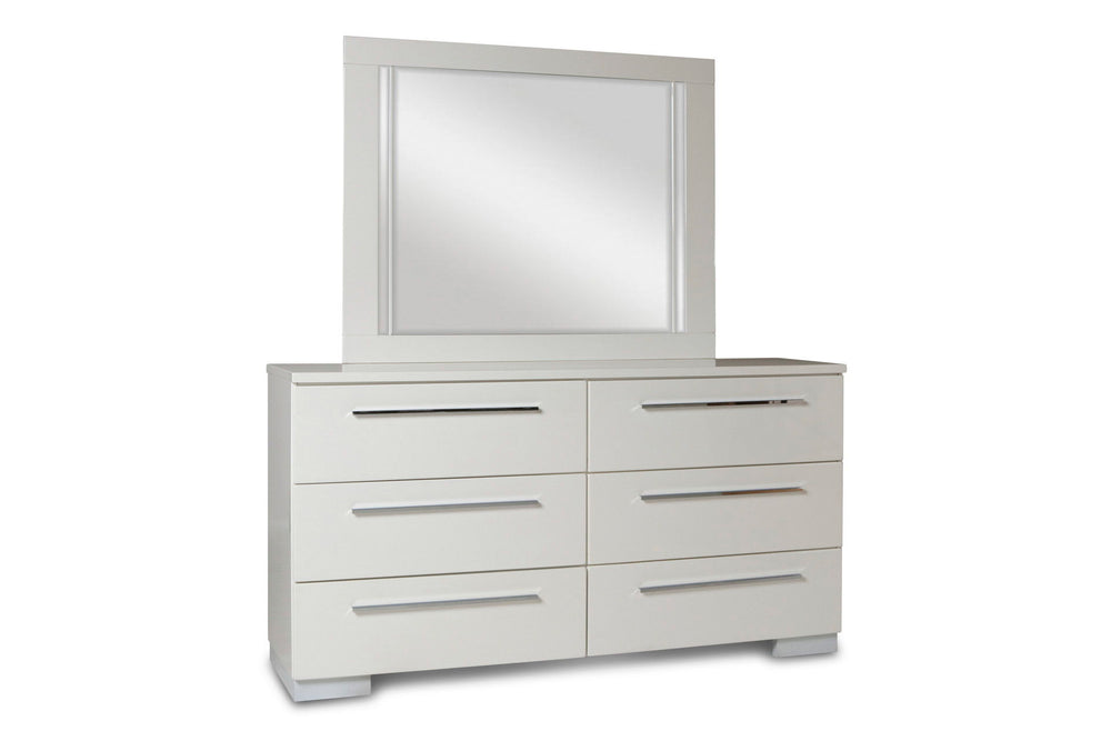 Complete your bedroom with the Sapphire Dresser Mirror in high gloss white. Expertly crafted from high-quality manufactured wood, this mirror features a flawlessly smooth, ripple-free surface and a glossy white laminate finish for a sleek, contemporary lo