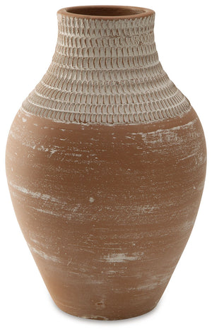 Casual, earthy design comes to life with this terra cotta vase. A distressed white patina is the perfect finish for this piece, giving it an understated presence to stand alone or in pairs on a shelf or display space.<br/><br/><b>Product Features</b><ul><