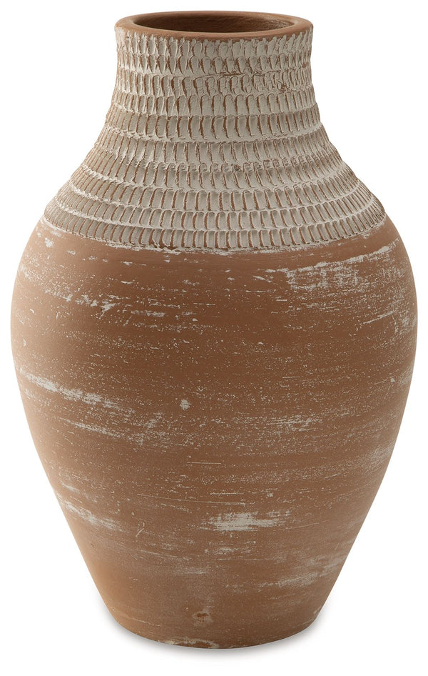 Casual, earthy design comes to life with this terra cotta vase. A distressed white patina is the perfect finish for this piece, giving it an understated presence to stand alone or in pairs on a shelf or display space.<br/><br/><b>Product Features</b><ul><