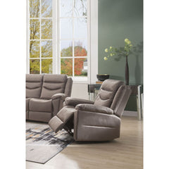 Add style to your living room with the Fiacre motion chair. The beautiful motion reclining chair offers sleek styling with horizontal tufted backrests, oversized cozy seating, and full reclined seated position. This stylish chair features silky brown velv