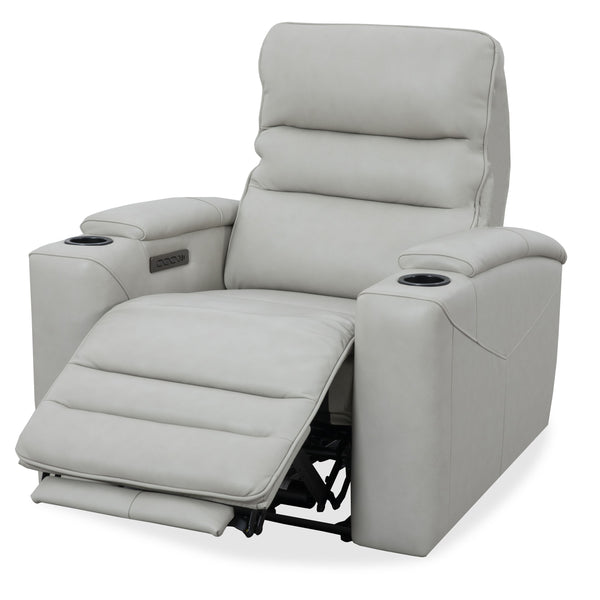  and an independent power headrest for personalized relaxation. It features sleek black stainless steel cupholders and a spacious top-grain leather design. Each recliner ha