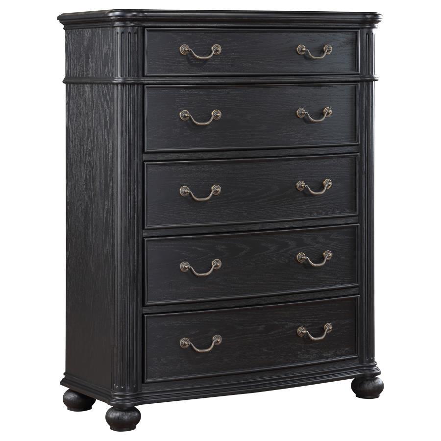 This five-drawer chest is a testament to refined bedroom storage, with its towering design and thoughtful features. The top drawer, felt-lined for protection, is an ideal space for keeping valuables and sensitive items. The classic dark finish and detaile