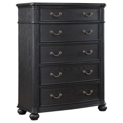 This five-drawer chest is a testament to refined bedroom storage, with its towering design and thoughtful features. The top drawer, felt-lined for protection, is an ideal space for keeping valuables and sensitive items. The classic dark finish and detaile
