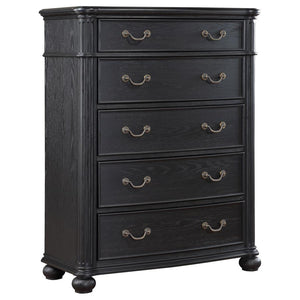 This five-drawer chest is a testament to refined bedroom storage, with its towering design and thoughtful features. The top drawer, felt-lined for protection, is an ideal space for keeping valuables and sensitive items. The classic dark finish and detaile