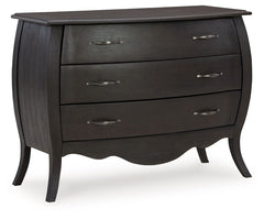 Beautiful curving lines and charming vintage flair give this cabinet its elegant antique feel. The dark finish is accented with silvertone drawer pulls, while three drawers ensure a smooth motion for your storage needs. What a charming complement to your 