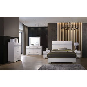 The Naima bedroom collection offers sophisticated look, clean lines and contemporary style. Features panel headboard, and low profile footboard in bright white finish with contrasting light gray trim panel, which provides elegant style that will bring you