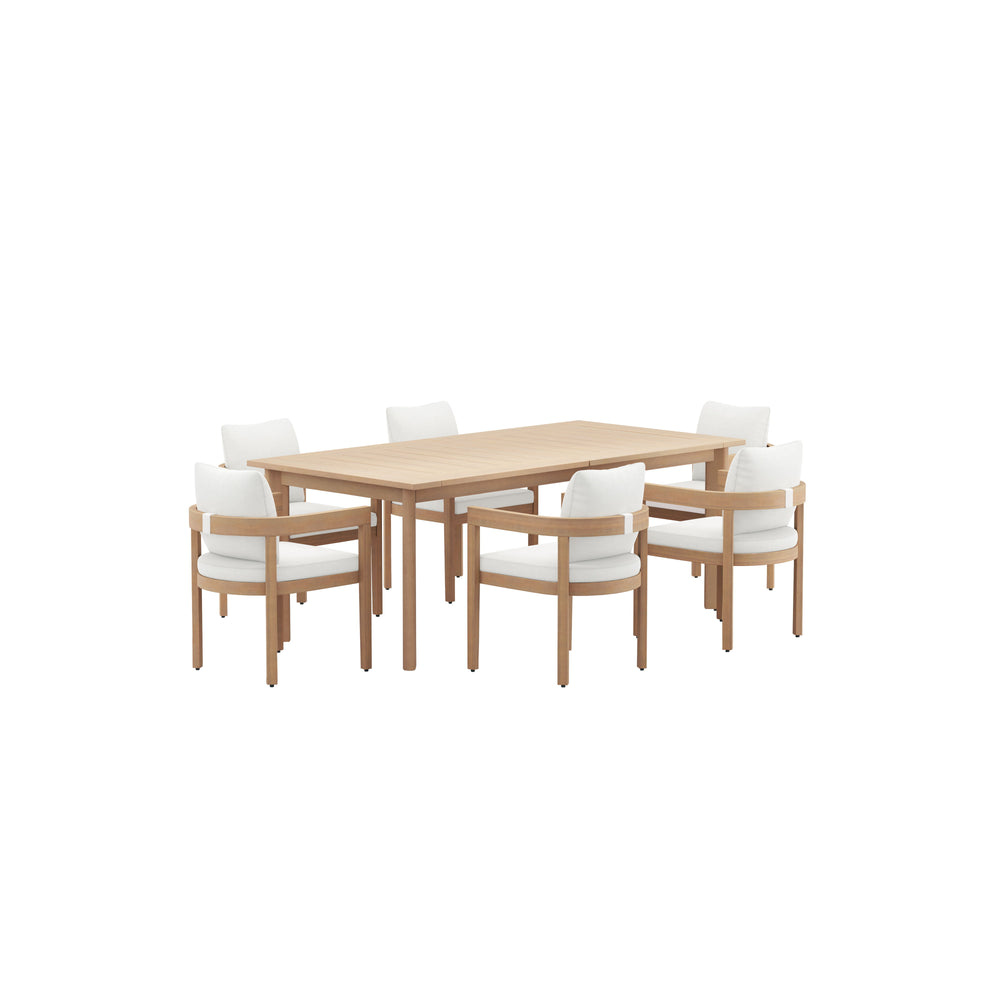 The Wesley 7-Piece Wood Patio Dining Set brings together comfort, durability, and style to create a warm, inviting space for outdoor gatherings. This set includes an extendable dining table and six cushioned chairs, all crafted from FSC-certified Acacia s