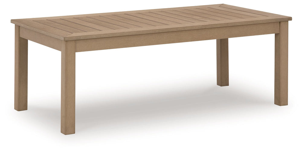 This coffee table is a beautiful addition to any outdoor living space. Effortless in its simplicity, this piece echoes your easygoing sensibilities. Combining durable, cutting-edge engineered materials, its Weatherwood construction in a blond wood color e