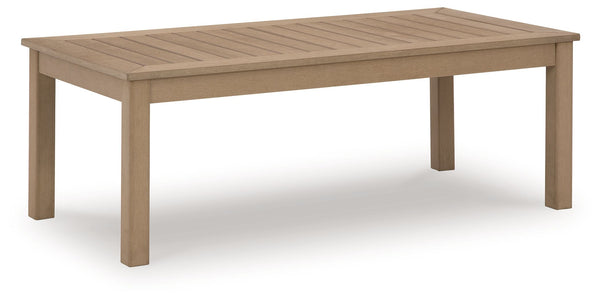 This coffee table is a beautiful addition to any outdoor living space. Effortless in its simplicity, this piece echoes your easygoing sensibilities. Combining durable, cutting-edge engineered materials, its Weatherwood construction in a blond wood color e
