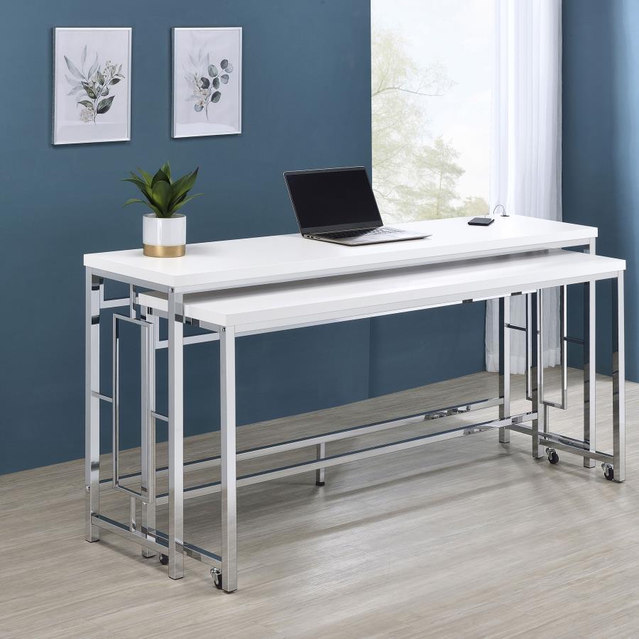 We love this modern five-piece counter height dining set in place of a console behind a floating sofa, offering exceptional versatility and refined style in any setting. It boasts two nesting tables, each long and narrow like a sofa table, but paired with