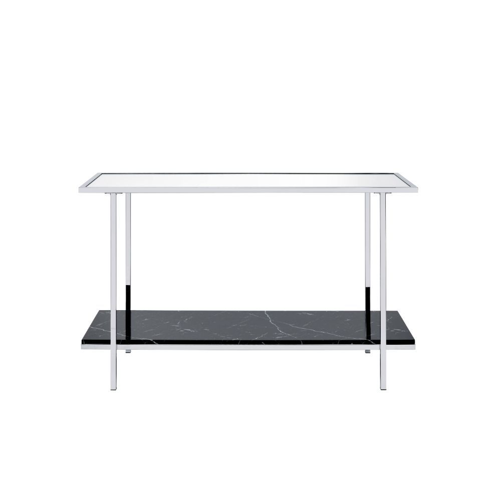 KD, Rectangular Console Table Storage: Open Compartment (1 Faux Marble Shelf, Fixed) Mirrored Top Metal Frame with Square-Straight Leg (Open Frame) CONSTRUCTION] MIRRORED TOP Metal Frame & Square Leg: chrome finish (Plastic Cap Protectors)<br/><br/><b>Pro
