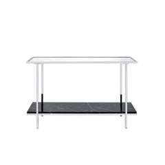 KD, Rectangular Console Table Storage: Open Compartment (1 Faux Marble Shelf, Fixed) Mirrored Top Metal Frame with Square-Straight Leg (Open Frame) CONSTRUCTION] MIRRORED TOP Metal Frame & Square Leg: chrome finish (Plastic Cap Protectors)<br/><br/><b>Pro