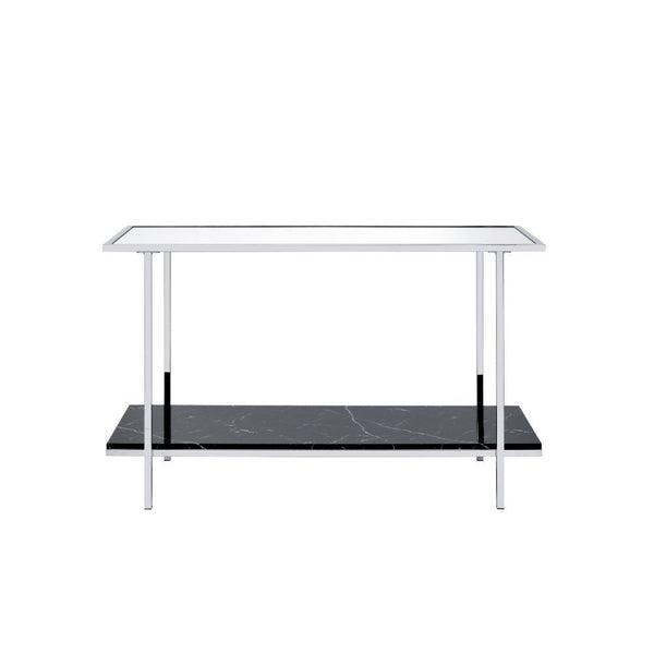 KD, Rectangular Console Table Storage: Open Compartment (1 Faux Marble Shelf, Fixed) Mirrored Top Metal Frame with Square-Straight Leg (Open Frame) CONSTRUCTION] MIRRORED TOP Metal Frame & Square Leg: chrome finish (Plastic Cap Protectors)<br/><br/><b>Pro