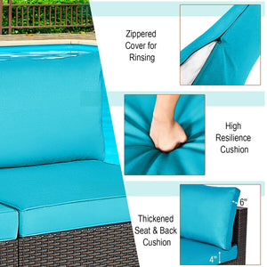 Power coated and solid steel frame adds sturdiness<br>Tight and hand-woven rattan to withstand change of weather<br>Two of the armless chairs can be used separately<br>Aluminum foot pads protect bottom rattan from scratching<br>Can be added to the same st