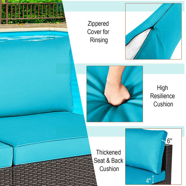 Power coated and solid steel frame adds sturdiness<br>Tight and hand-woven rattan to withstand change of weather<br>Two of the armless chairs can be used separately<br>Aluminum foot pads protect bottom rattan from scratching<br>Can be added to the same st