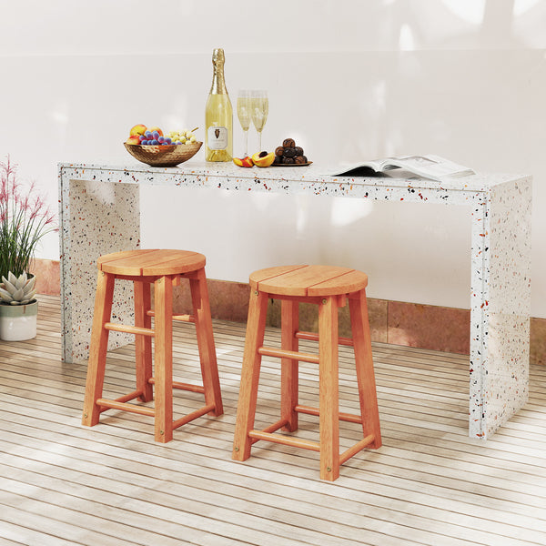 Natural wood material combines high strength with stability<br>Smooth painted surface presents durability and easy upkeep<br>Upgrade your outdoor seating area with these wood bar stools<br>Round seat offers a comfortable and spacious sitting area<br>Wood 