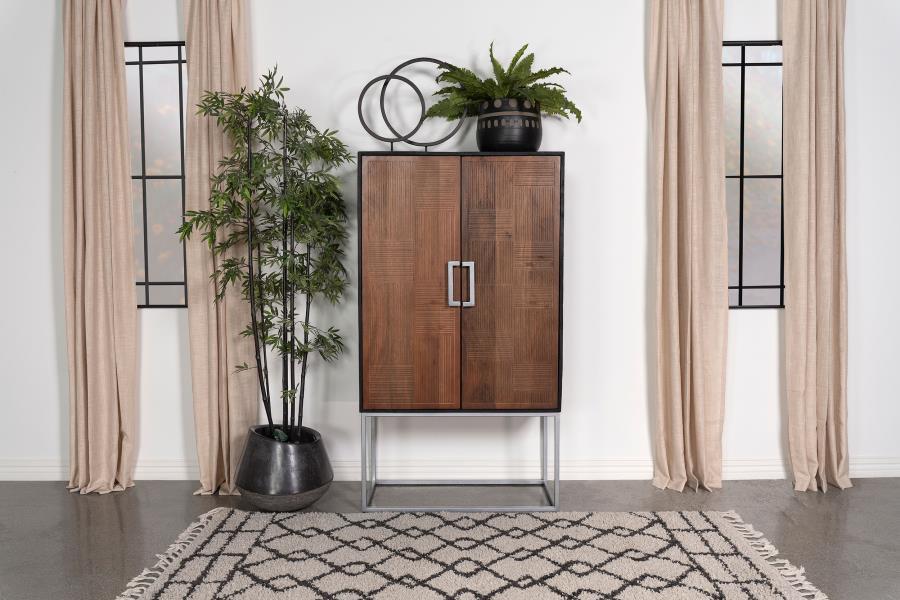 Get the party started with a sophisticated, contemporary bar cabinet. Closed, it-'s simply a stylish cabinet, complete with decorative checkerboard door fronts and geometric handles that catch the eye in a living or dining room. When opened, the cabinet r