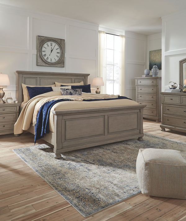  this California king panel bed sports serene sophistication. Forever classic design detailsâ€”inlaid panels and bun feetâ€”are so easy to love. Burnished light gray finish elevates the look with modern sensibility