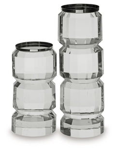 Clearly upscale and on-trend. Pairing crystal with silvertone metal accents, this candle holder set shines with a sophisticated sensibility. It-'s perfect for your contemporary design tastes.<br><br><b>Additional Dimensions</b><br><ul><li>Candle holder-la