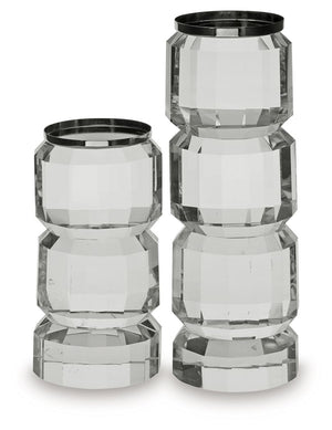 Clearly upscale and on-trend. Pairing crystal with silvertone metal accents, this candle holder set shines with a sophisticated sensibility. It-'s perfect for your contemporary design tastes.<br><br><b>Additional Dimensions</b><br><ul><li>Candle holder-la