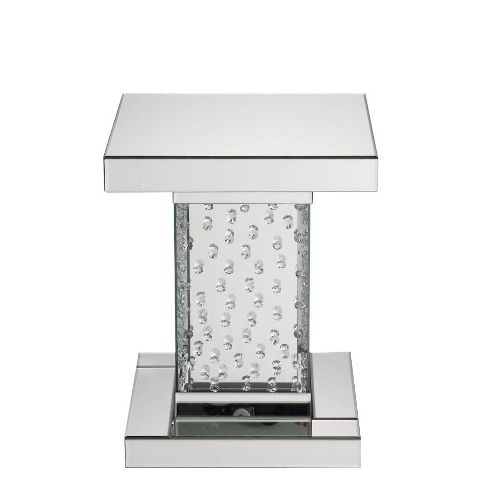 Square End Table â€¢ Glam Style (NO Storage) â€¢ Beveled Mirrored Top & Shelf â€¢ Column Base: Beveled Mirrored Finish with Clear Glass and Faux Crystal Inlay<br/><br/><b>Product Features</b><ul><li>Occasional Table</li><li>Mirrored Top & Apron</li><li>Mi