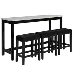 The Celeste 4-Piece Theater Bar Table Set is the epitome of contemporary design seamlessly blended with functional features. This set includes a 60-inch counter table and three black velvet stools, all adorned with an espresso base and a faux marble top i