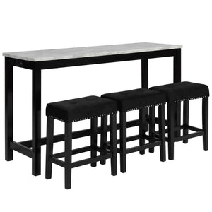 The Celeste 4-Piece Theater Bar Table Set is the epitome of contemporary design seamlessly blended with functional features. This set includes a 60-inch counter table and three black velvet stools, all adorned with an espresso base and a faux marble top i