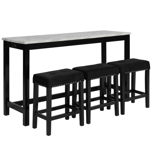 The Celeste 4-Piece Theater Bar Table Set is the epitome of contemporary design seamlessly blended with functional features. This set includes a 60-inch counter table and three black velvet stools, all adorned with an espresso base and a faux marble top i