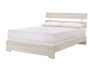 This bedroom collection embodies a rustic, yet contemporary aesthetic with its clean lines and neutral color palette. The set includes a low-profile bed frame, a dresser with a mirror, and a tall chest, all finished in a versatile white wash that easily c